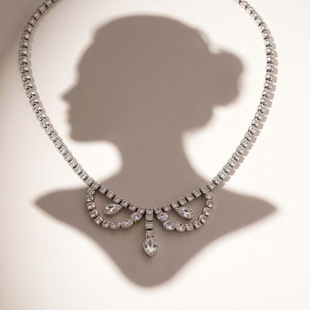 Vintage Sherman Signed Clear Rhinestone Bib Necklace Pear Drop Silver Tone 15in